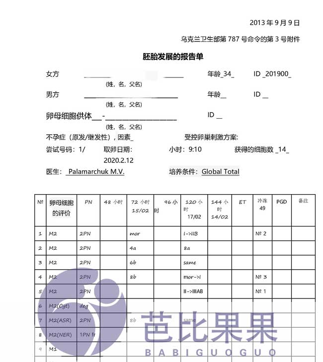 到丽塔医院自卵试管胚胎报告